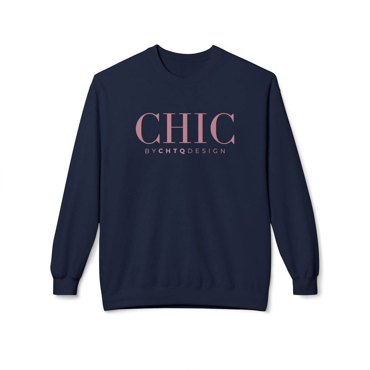 A navy blue CHIC BY CHTQ DESIGN Crewneck Sweatshirt with a pink graphic across the chest