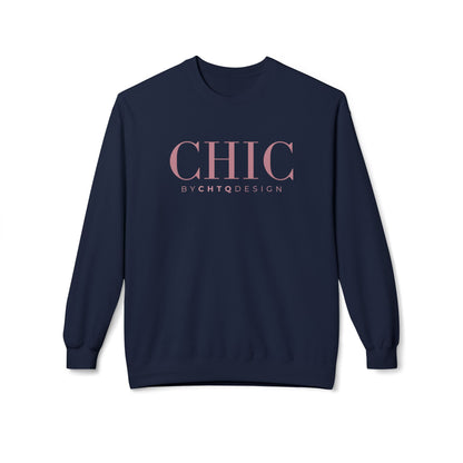 A navy blue CHIC BY CHTQ DESIGN Crewneck Sweatshirt with a pink graphic across the chest