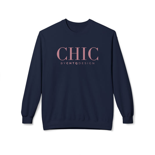 A navy blue CHIC BY CHTQ DESIGN Crewneck Sweatshirt with a pink graphic across the chest
