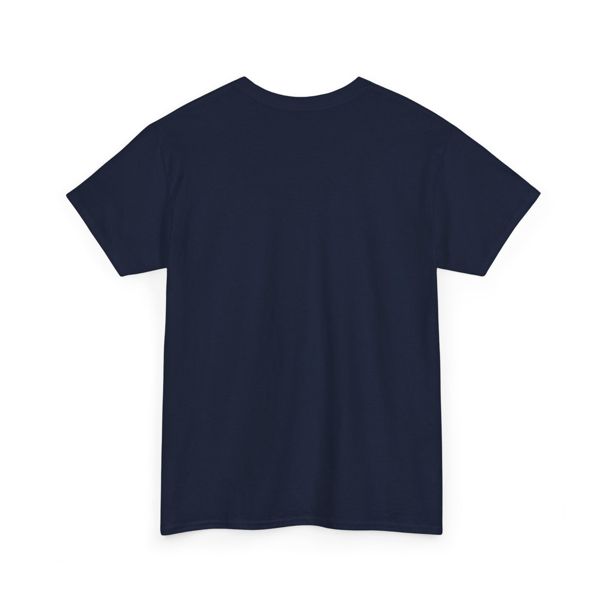 Back view of the navy blue UNSNAKEBLY graphic T-shirt with a plain back and classic crew neckline.