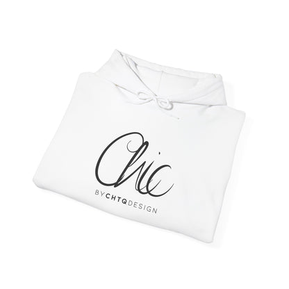A folded white hoodie with a drawstring hood, featuring a black script graphic that reads 'Chic' and smaller text 'BY CHTQ DESIGN' underneath, shown on a clean white background.