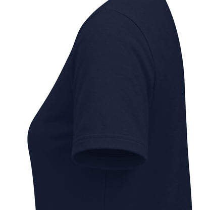 Close-up side view of a navy blue short-sleeve t-shirt with a gold graphic print on the front that reads 'CHARME chic' above a large outlined diamond, shown on a plain white background.