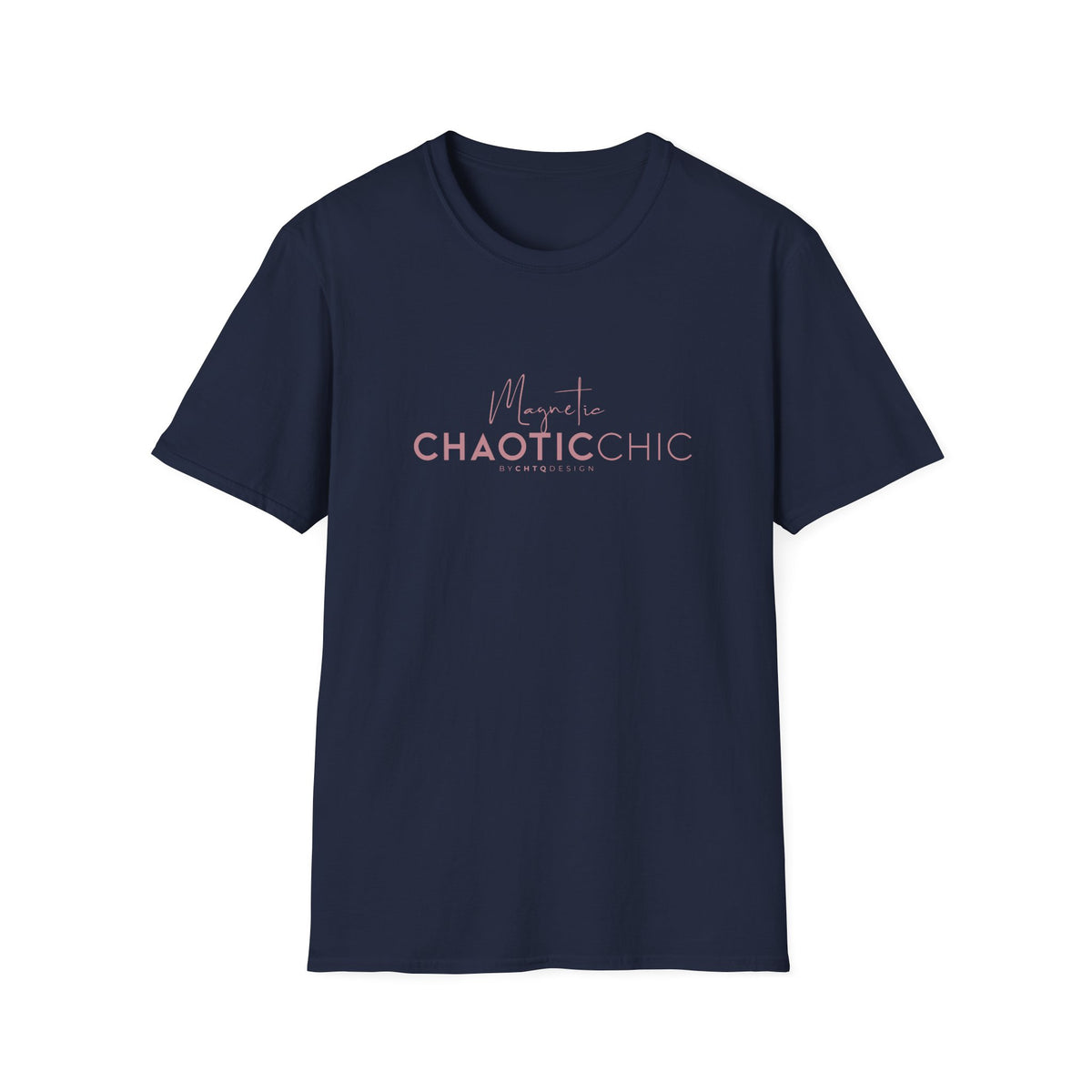 A navy blue short-sleeve graphic T-shirt with 'Magnetic Chaotic Chic' printed in pink and white on the chest, displayed against a plain white background.