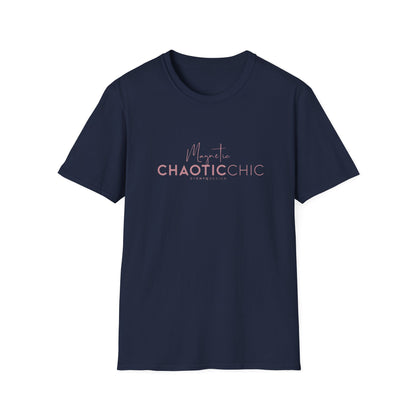 A navy blue short-sleeve graphic T-shirt with 'Magnetic Chaotic Chic' printed in pink and white on the chest, displayed against a plain white background.