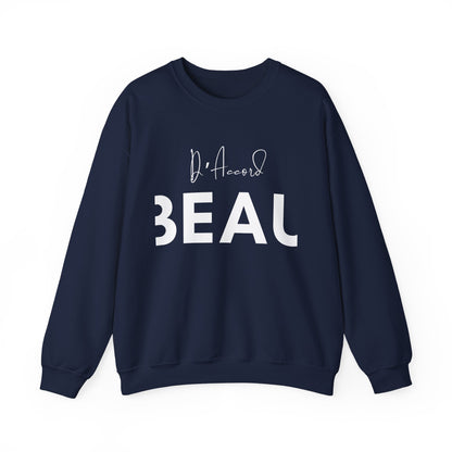 Navy BEAU D’ACCORD graphic crewneck sweatshirt with white handwritten and bold lettering on the front.