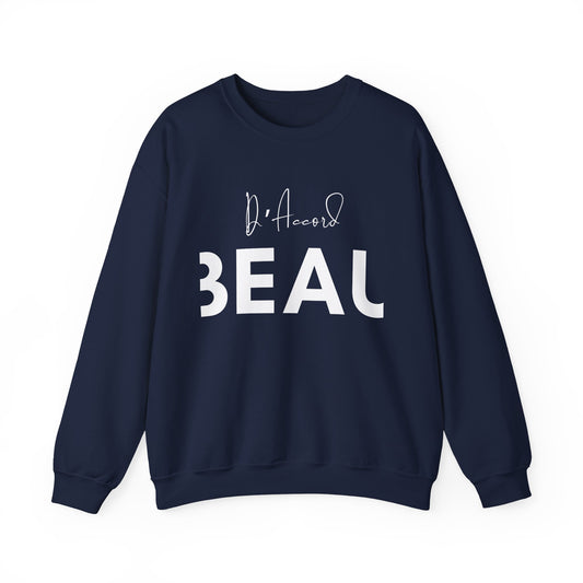 Navy BEAU D’ACCORD graphic crewneck sweatshirt with white handwritten and bold lettering on the front.