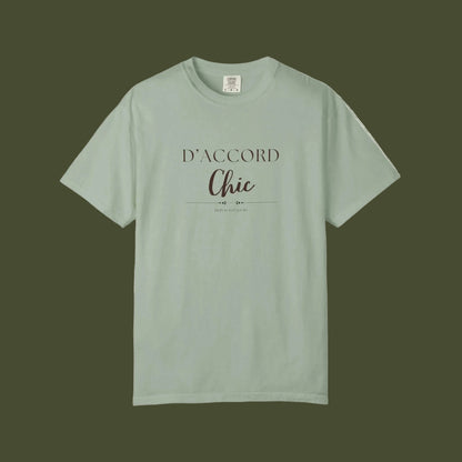 Green t-shirt with 'D'accord Chic' text on a white backgroun