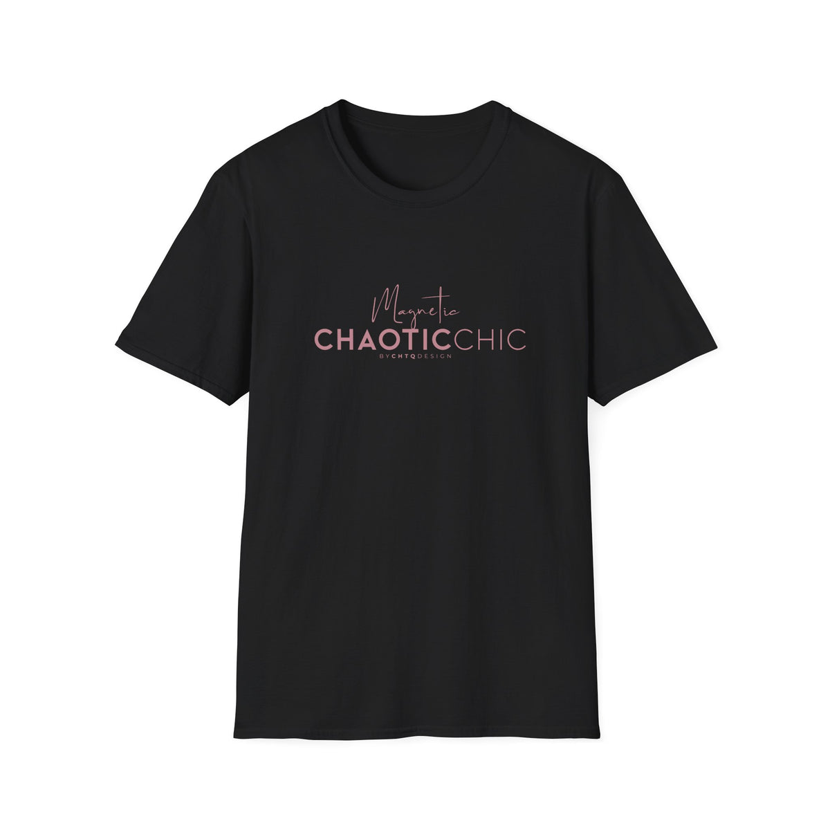 A black short-sleeve graphic T-shirt with 'Magnetic Chaotic Chic' printed in pink across the chest, displayed against a plain white background.