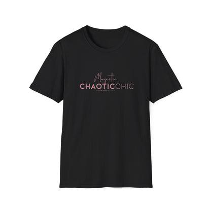 A black short-sleeve graphic T-shirt with 'Magnetic Chaotic Chic' printed in pink across the chest, displayed against a plain white background.