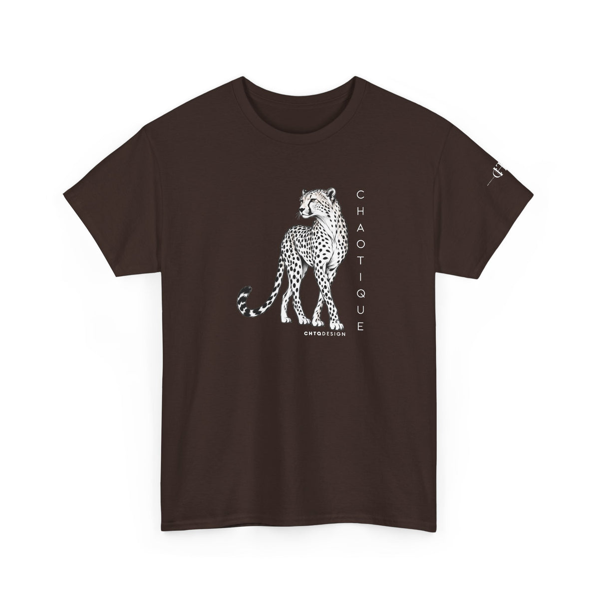 Dark chocolate brown CHAOTIQUE graphic T-shirt with hand-drawn cheetah illustration, vertical CHAOTIQUE text and CHTQ Design details.