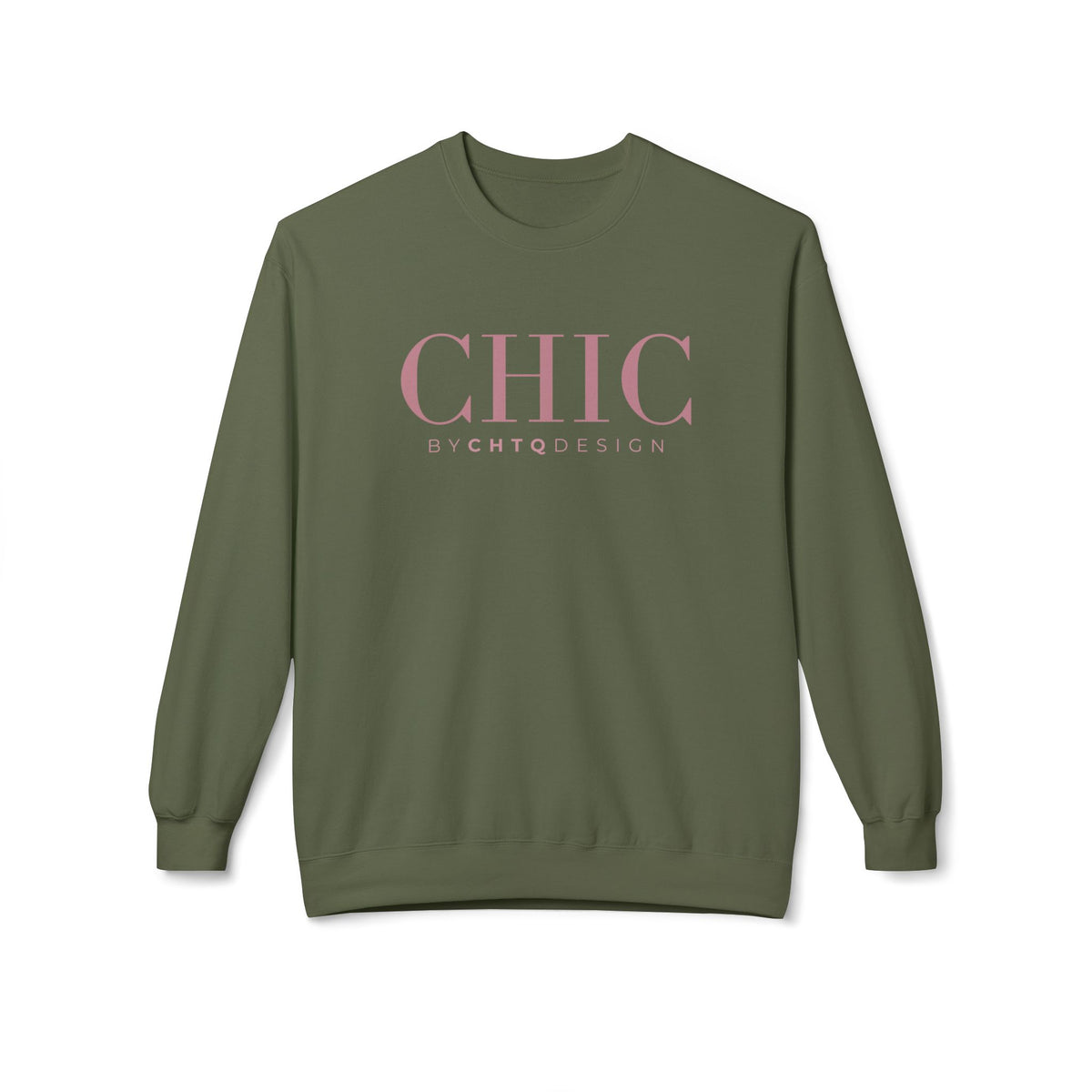 A military green CHIC BY CHTQ DESIGN Crewneck Sweatshirt with a pink graphic across the chest