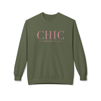 A military green CHIC BY CHTQ DESIGN Crewneck Sweatshirt with a pink graphic across the chest