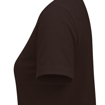Close-up side view of a dark brown short-sleeve t-shirt with a gold graphic print on the front that reads 'CHARME chic' above a large diamond outline, shown on a plain white background.
