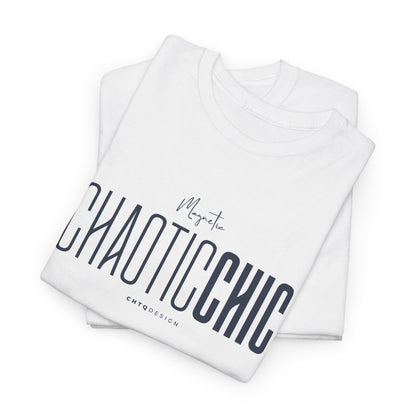 Folded White Magnetic CHAOTICCHIC graphic T-shirt featuring dark navy typography, handwritten Magnetic detail and CHTQ Design lettering on a white background.