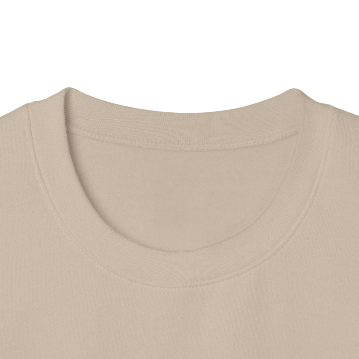 Close-up of a beige crewneck sweatshirt with 'AUTHENTICHAOS' printed in pink across the chest, displayed on a clean white background.background.