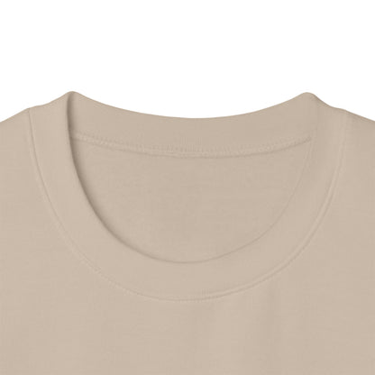 Close-up of a beige crewneck sweatshirt with 'AUTHENTICHAOS' printed in pink across the chest, displayed on a clean white background.background.
