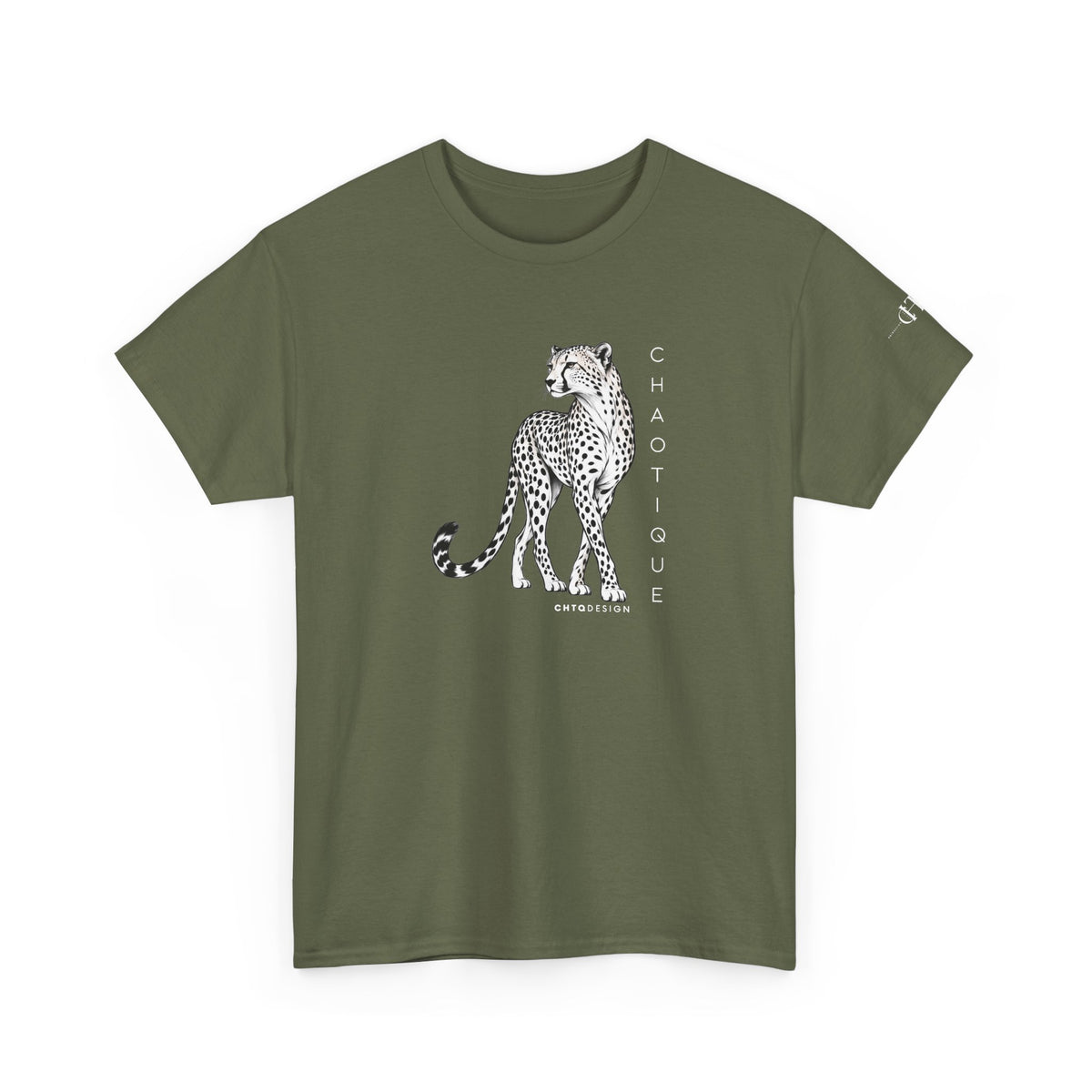 Military green CHAOTIQUE graphic T-shirt with hand-drawn cheetah illustration, vertical CHAOTIQUE text and CHTQ Design details.