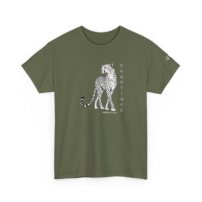 Military green CHAOTIQUE graphic T-shirt with hand-drawn cheetah illustration, vertical CHAOTIQUE text and CHTQ Design details.
