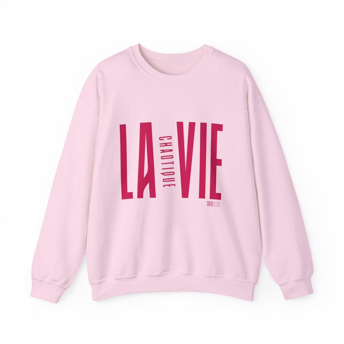 Light pink LA VIE CHAOTIQUE crewneck sweatshirt with bold magenta front print
