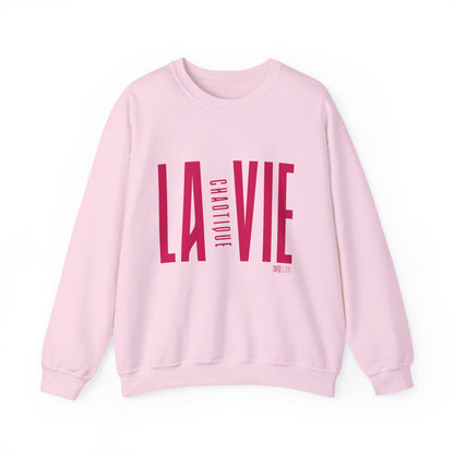 Light pink LA VIE CHAOTIQUE crewneck sweatshirt with bold magenta front print