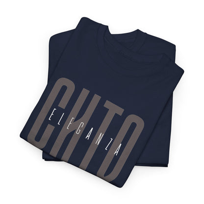 Folded navy blue crewneck t-shirt with a large gray graphic print reading 'CHTQ ELEGANZA' across the chest