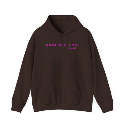 A brown pullover hoodie featuring pink “CHIC PARISIENNE BY CHTQ” text printed across the chest, displayed against a clean white background.