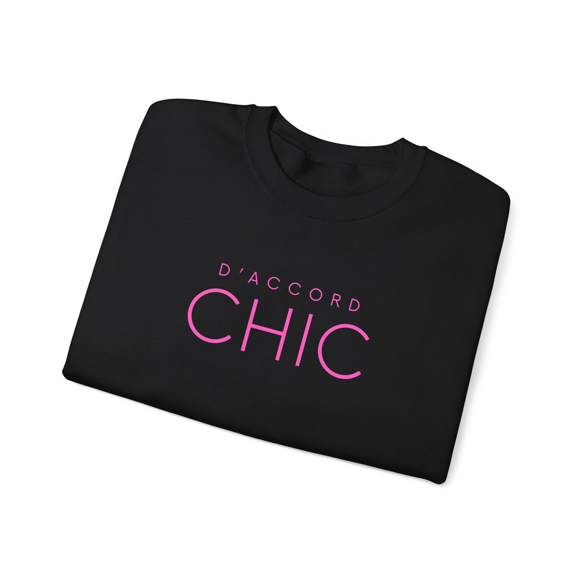 Folded Black D’Accord Chic graphic crewneck sweatshirt with pink typography on the front, shown against a white background.