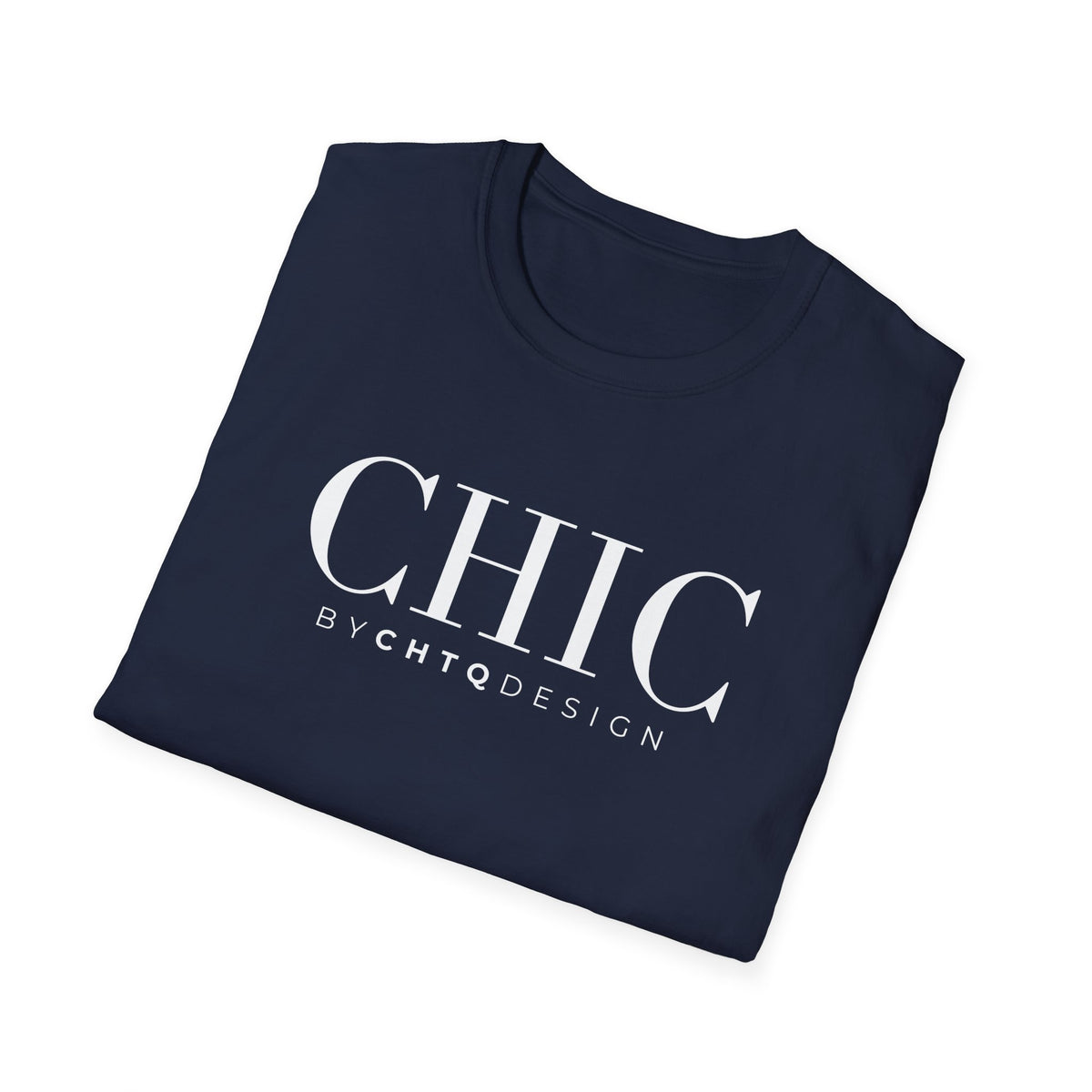 Folded CHIC by CHTQ Design Women’s Graphic T-Shirt in navy with white typography visible on the front.