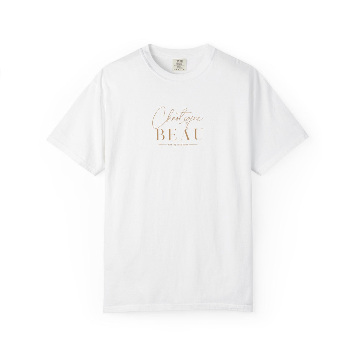White Chaotique Beau CHTQ Design graphic T-shirt with a gold-toned front print, shown against a white background.