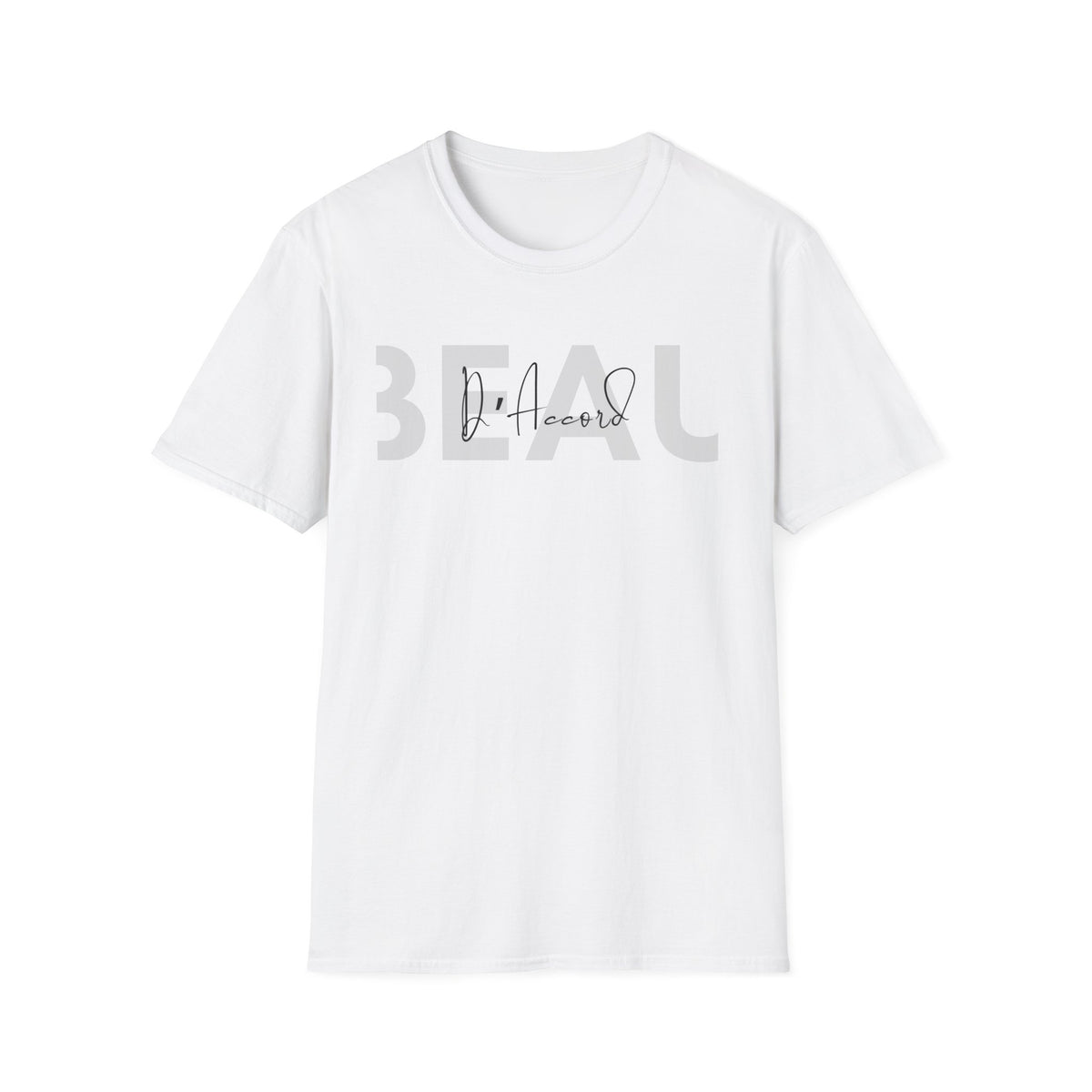 A white short-sleeve crewneck t-shirt with a graphic on the chest reading 'BEAU' in a large, faded gray font, with 'D'Accord' written in a black script font in the center.