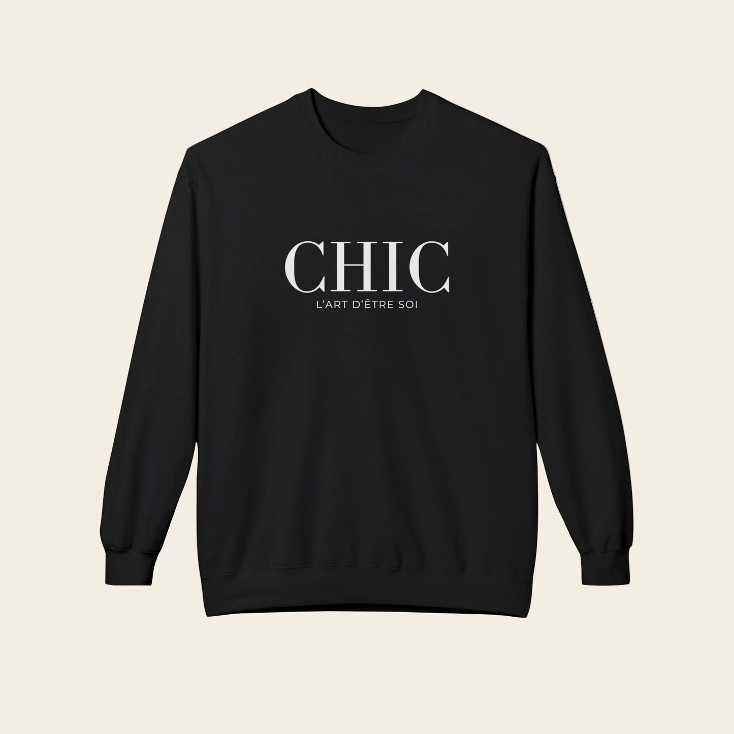 Black sweatshirt with 'CHIC L'art D'etre soi' text on a white background