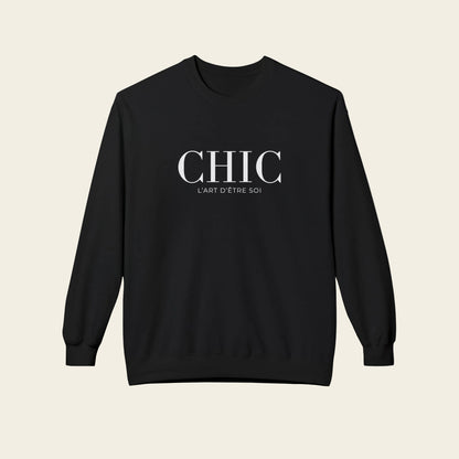 Black sweatshirt with 'CHIC L'art D'etre soi' text on a white background