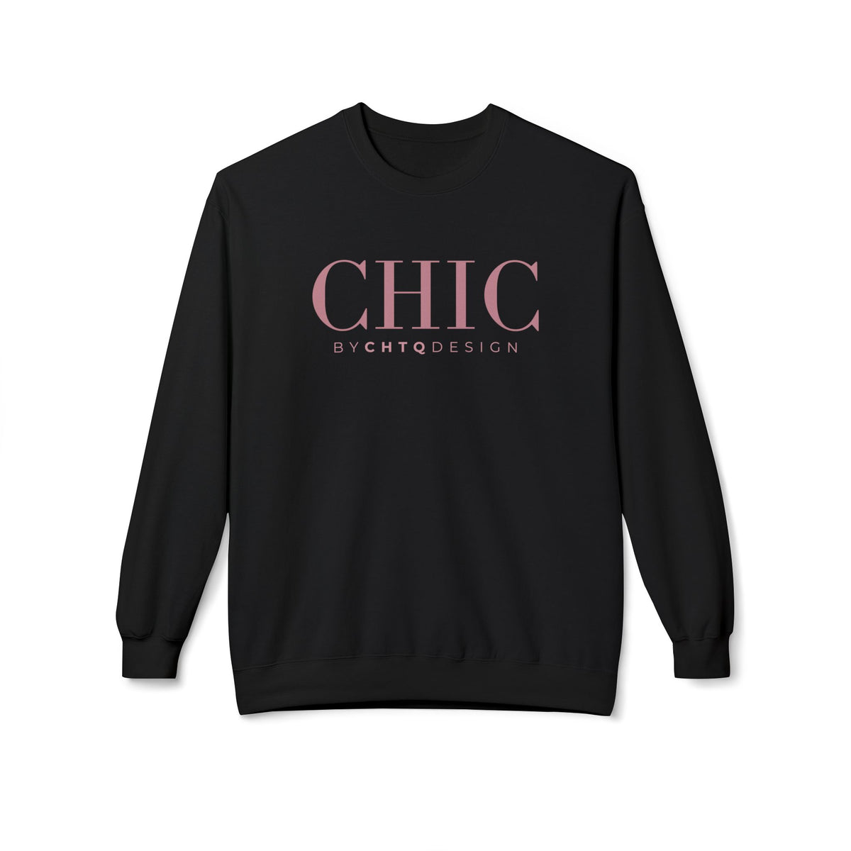 A black CHIC BY CHTQ DESIGN Crewneck Sweatshirt with a pink graphic across the chest