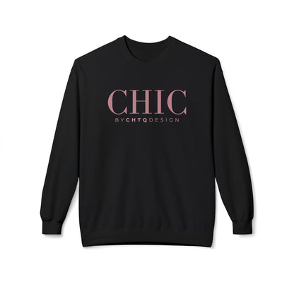 A black CHIC BY CHTQ DESIGN Crewneck Sweatshirt with a pink graphic across the chest