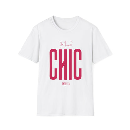 White D’Accord CHIC graphic T-shirt featuring bold raspberry pink CHIC lettering and handwritten D’Accord detail.