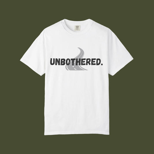 White t-shirt with 'UNBOtherED' text and graphic on a white background