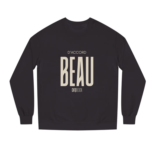 Dark D’Accord BEAU men's crewneck sweatshirt with dark navy typography and CHTQ Design logo on the front.