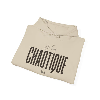 Folded sand beige Je Suis CHAOTIQUE CHIC hoodie with dark graphic print visible on the front.