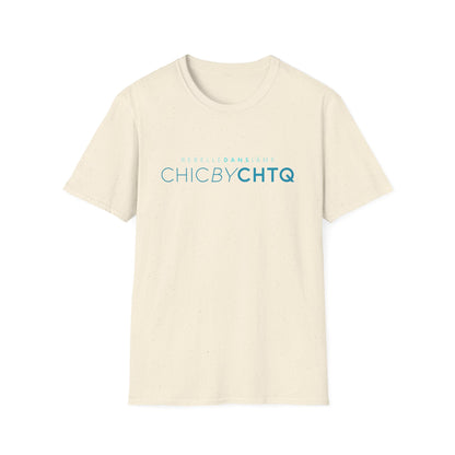 A light beige short-sleeve crewneck T-shirt featuring turquoise “CHIC BY CHTQ” text with “REBELLE DANS L’ÂME” above, displayed against a clean white background.