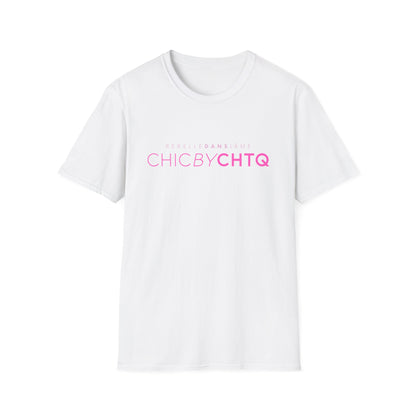 A white short-sleeve crewneck T-shirt featuring pink “CHIC BY CHTQ” text with “REBELLE DANS L’ÂME” above, displayed against a clean white background.
