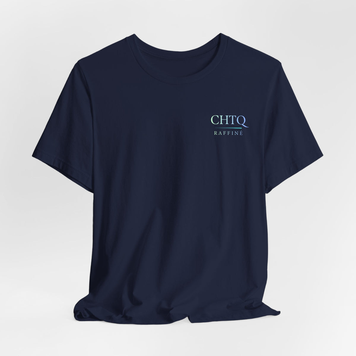 Navy blue t-shirt with text CHTQ Raffine on a light background