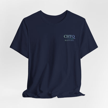 Navy blue t-shirt with text CHTQ Raffine on a light background