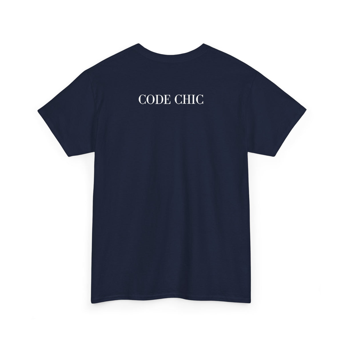 A navy blue short-sleeve crewneck T-shirt shown from the back, featuring “CODE CHIC” printed in white across the upper back, displayed against a plain white background.