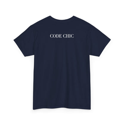 A navy blue short-sleeve crewneck T-shirt shown from the back, featuring “CODE CHIC” printed in white across the upper back, displayed against a plain white background.