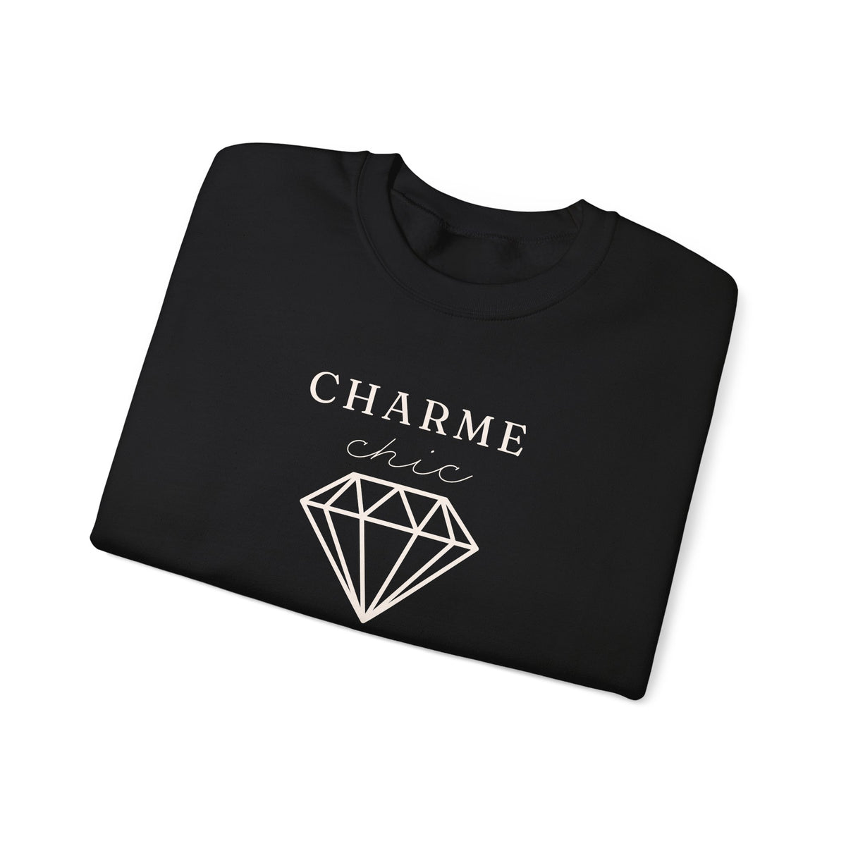 A folded black crewneck sweatshirt featuring a light graphic print that reads 'CHARME chic' above a diamond outline, set against a plain white background.