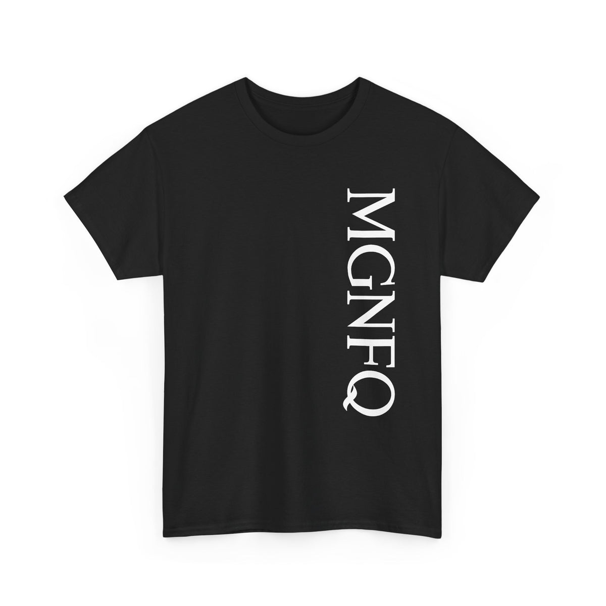 A black short-sleeve crewneck T-shirt featuring “MGNFQ” printed vertically in white letters on the right side of the front, displayed against a plain white background.