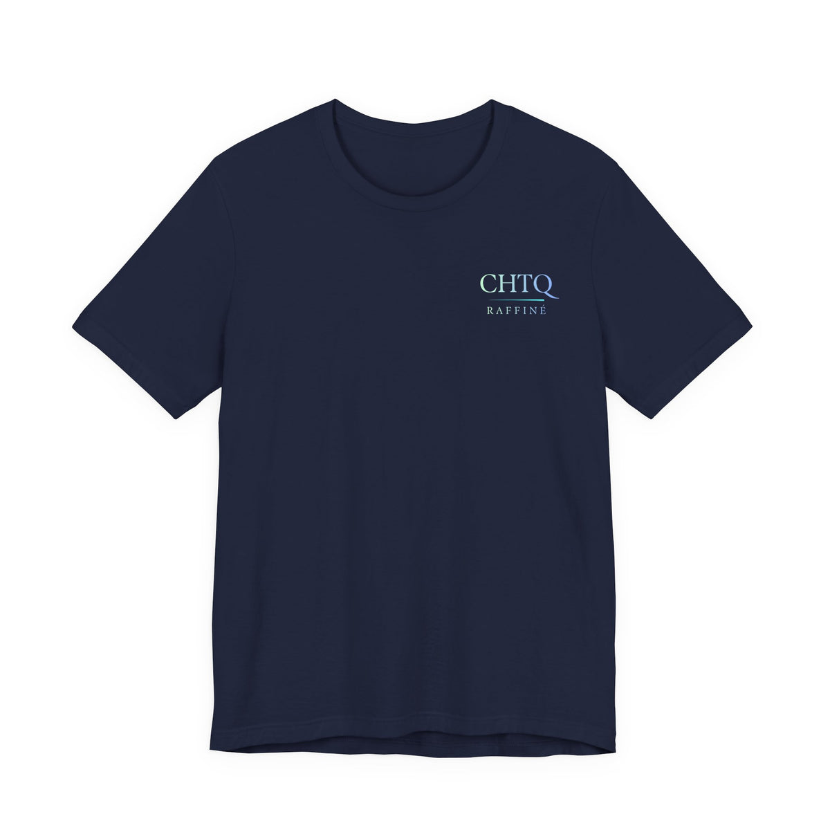 Navy blue t-shirt with a text CHTQ Raffine left side on chest 