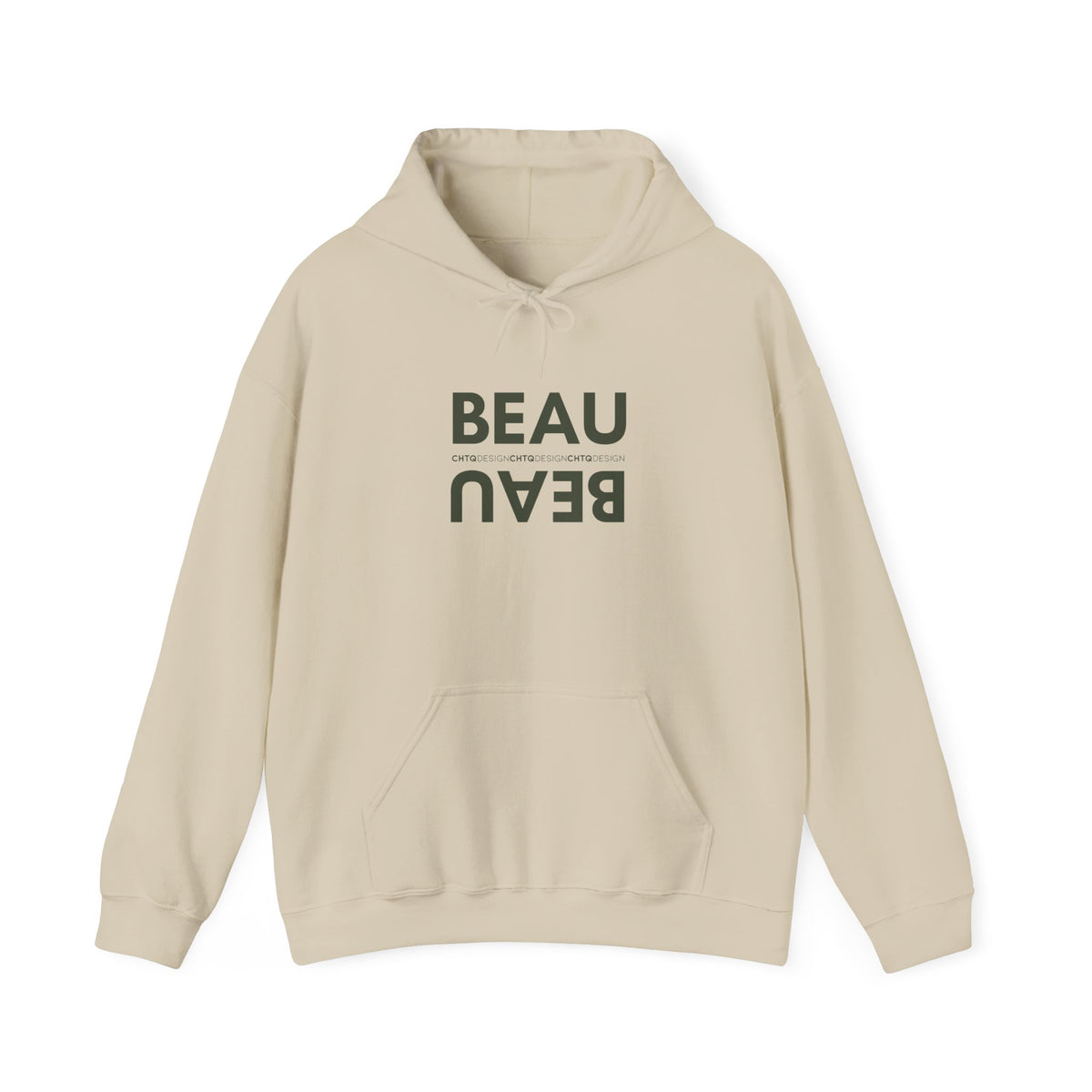 A beige BEAU graphic hoodie with a mirrored dusty dark BEAU print and CHTQ Design detail on the chest, displayed against a white background.