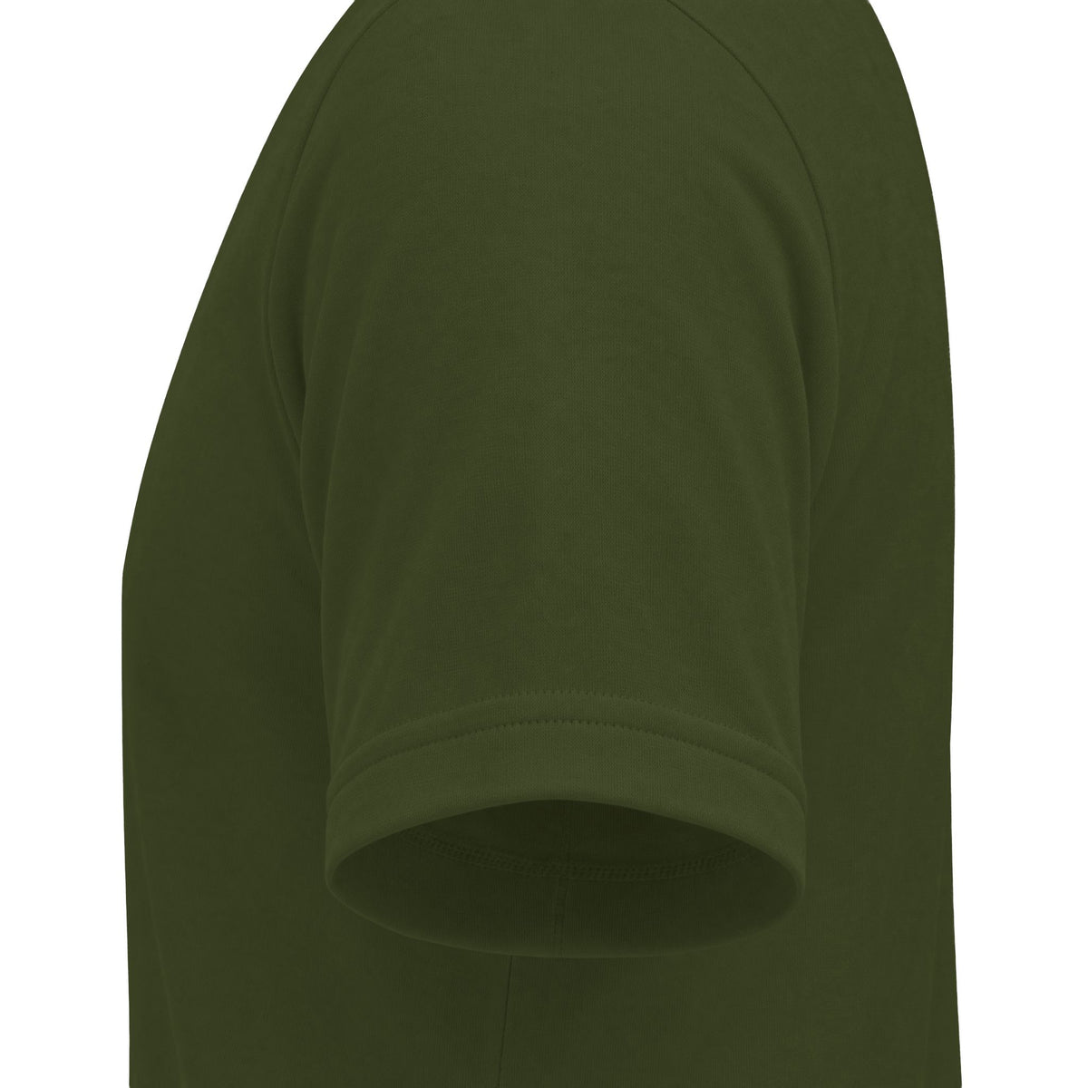 CHTQ Design military green graphic T-shirt sleeve detail with clean hem stitching