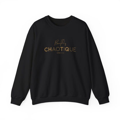Black Roughly Chaotique crewneck sweatshirt with gold typography and CHTQ Design signature on the front, displayed against a clean white background.